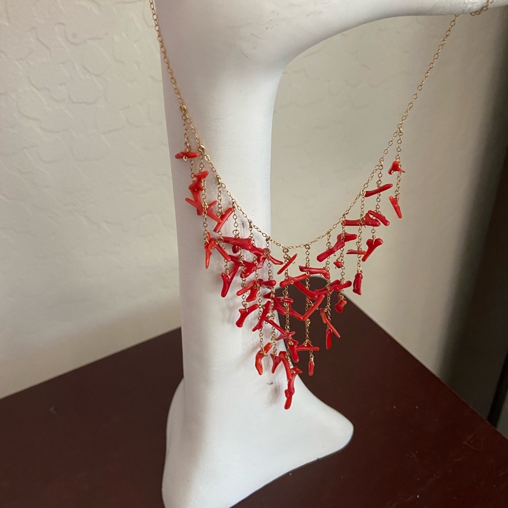 Gold Fine Chain with Red Coral Necklace